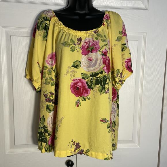 Matilda Jane Shirt Women Large Yellow Pink Floral Short Sleeve Milkmaid Blouse - Picture 1 of 9